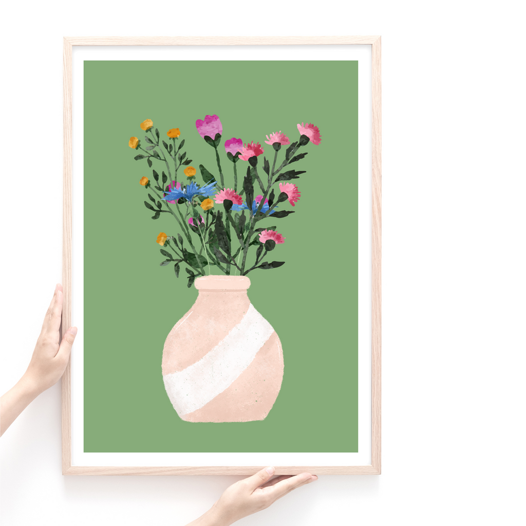 Wild Flowers in Vase Art Print in oak frame
